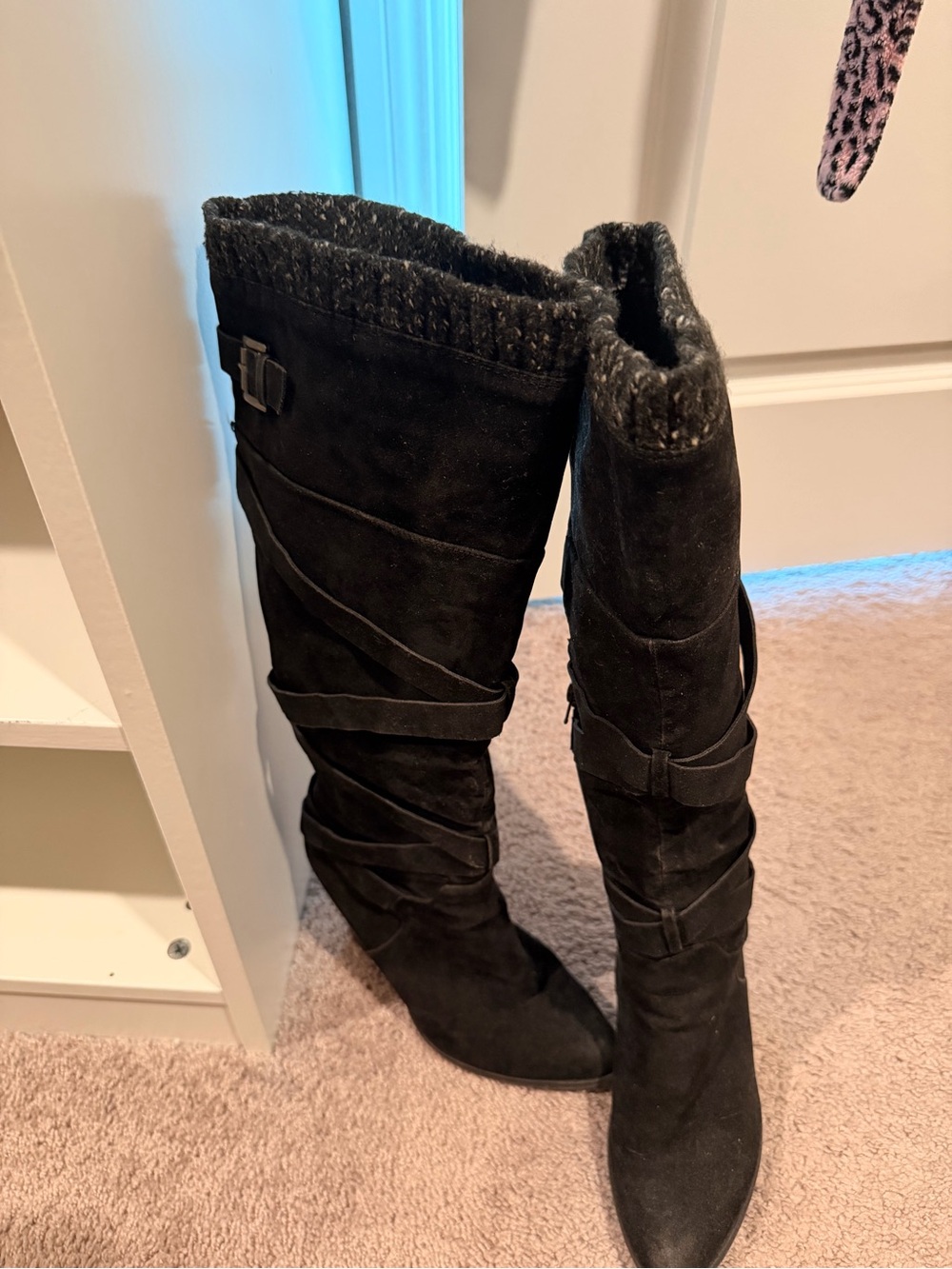 Shoe Dazzle Black Over-the-Knee Faux Suede Boots with Knit Cuff